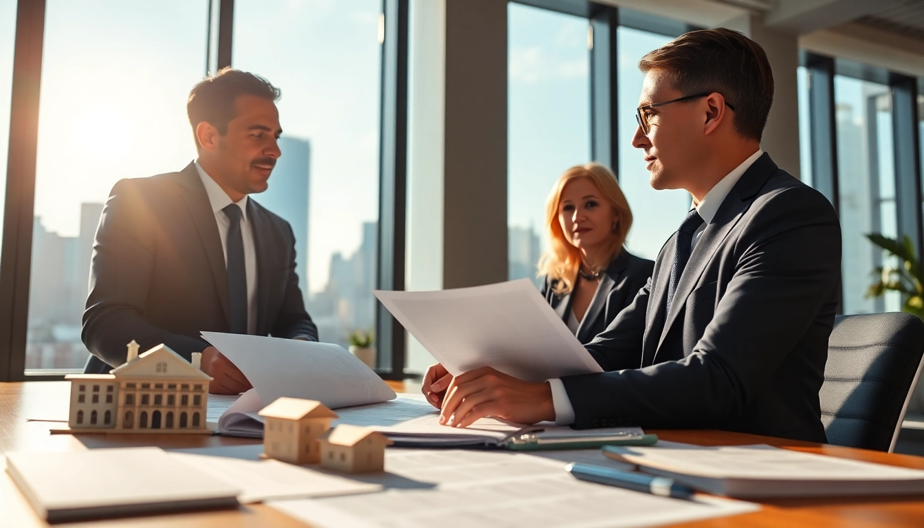 Real estate lawyer consulting clients with blueprints in a bright office setting.
