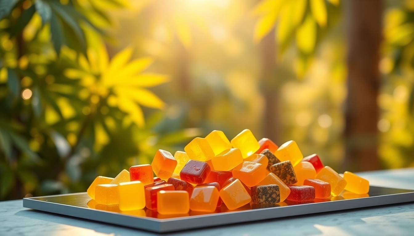 Showcase of Medical Cannabis THC & CBD Gummies in vibrant colors against a natural background.