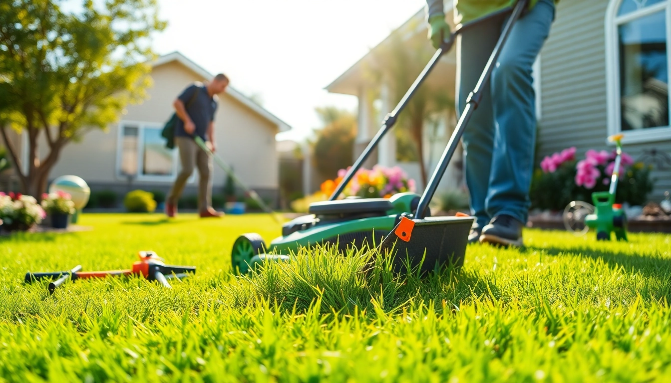 Turf maintenance service team mowing grass and inspecting turf quality in a sunny garden setting.