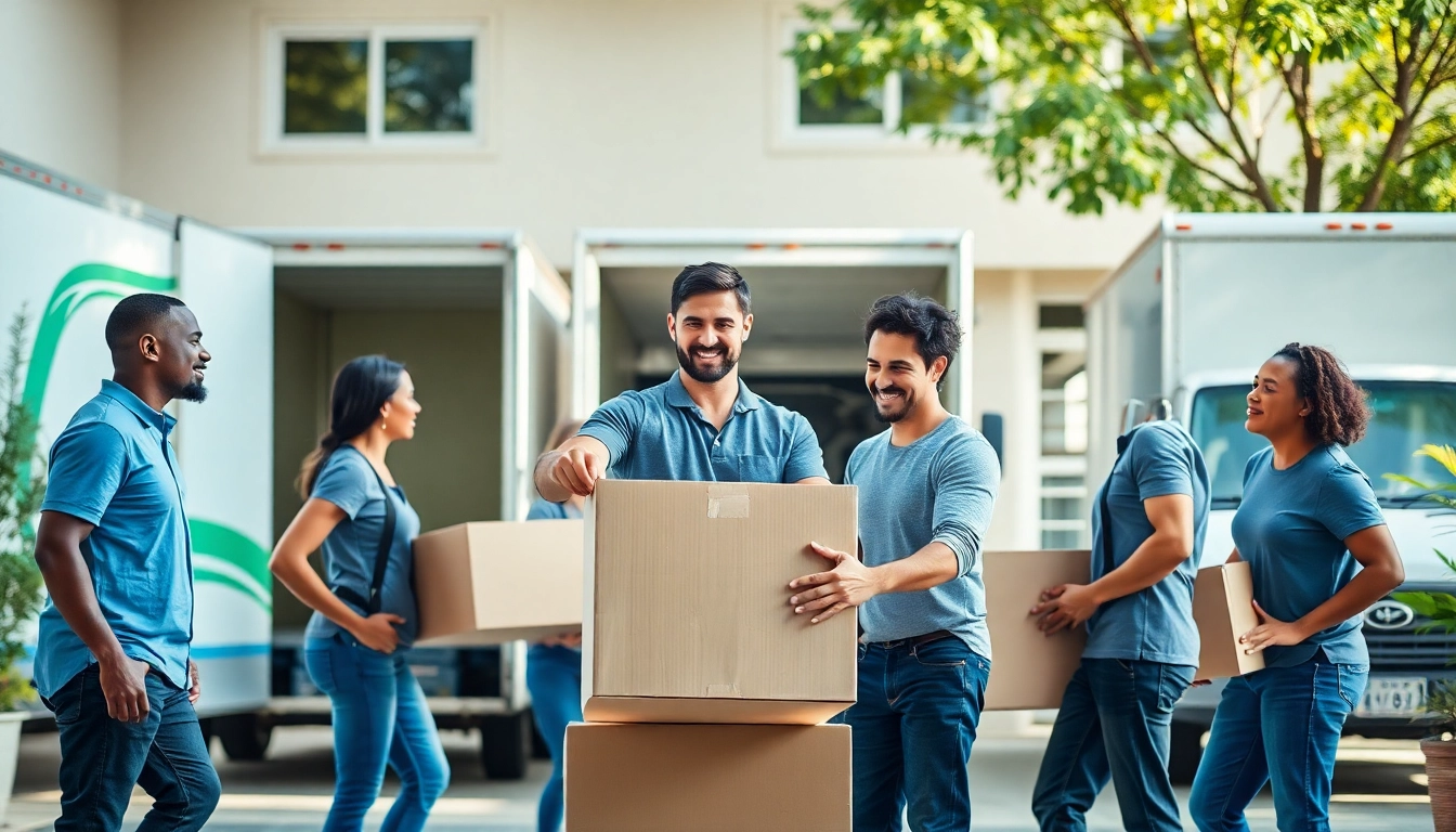 Movers from a moving company near me efficiently lifting boxes in a bright residential setting.