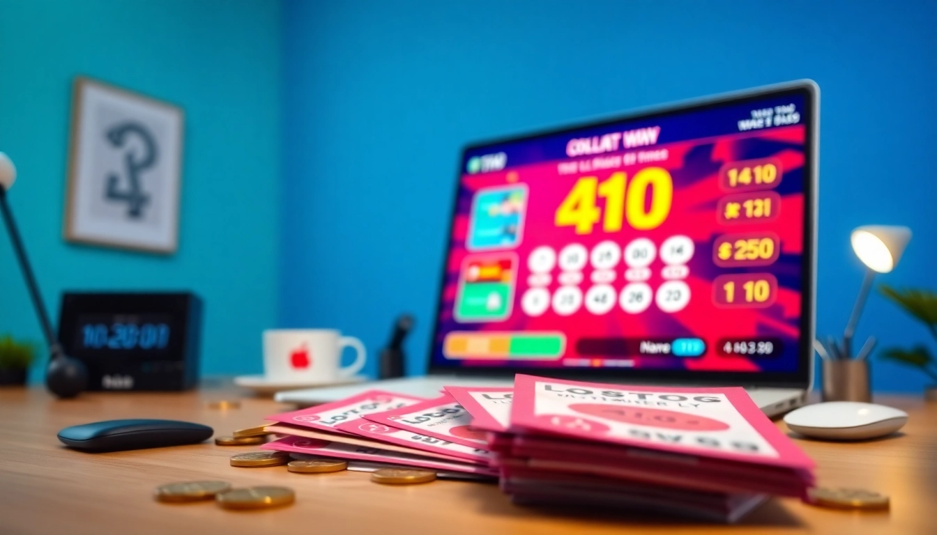 Engage with 4D online lottery games through an interactive platform featuring colorful tickets.