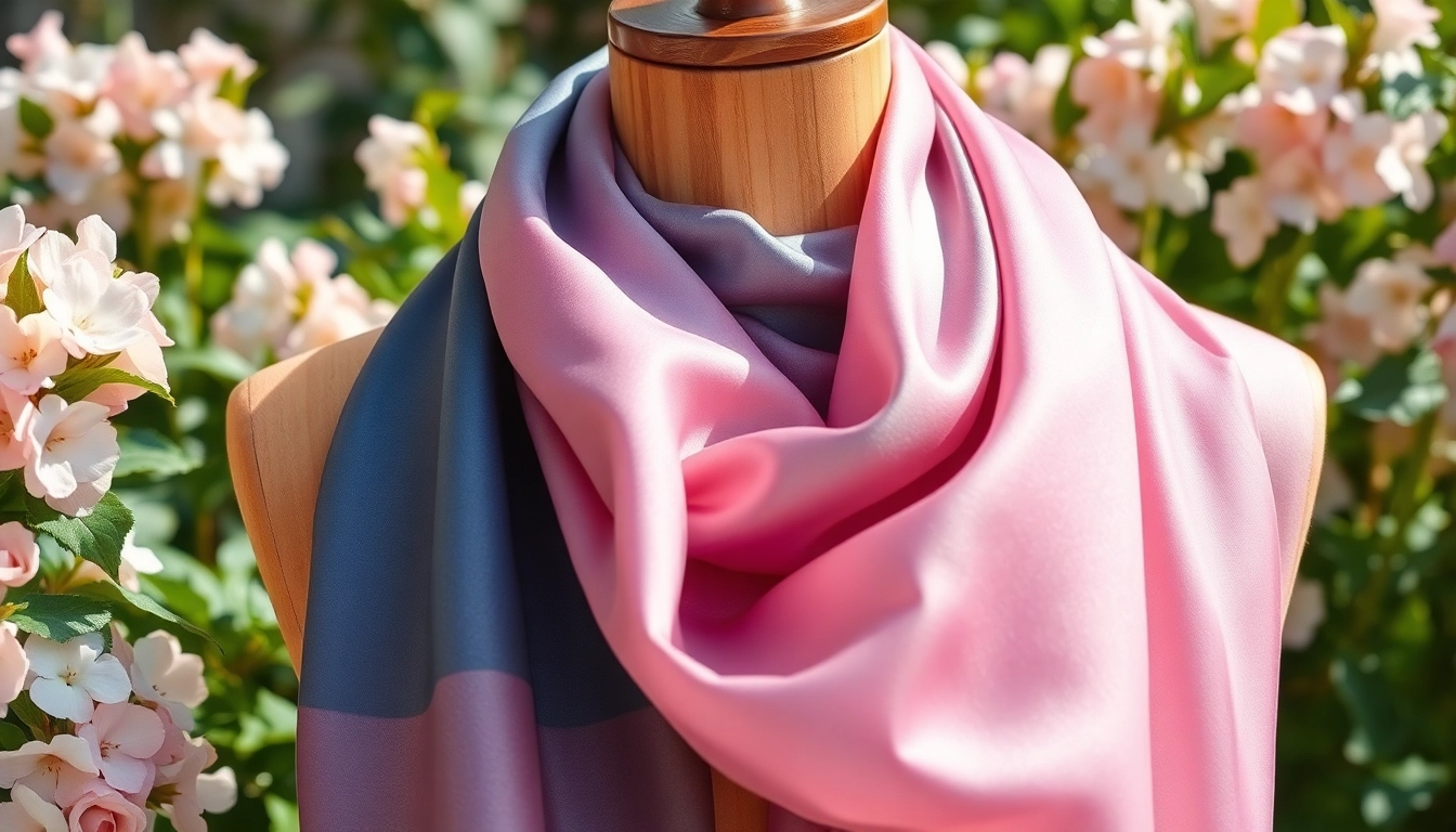 Stylish silk scarves for women featured elegantly on a dress form with floral accents.