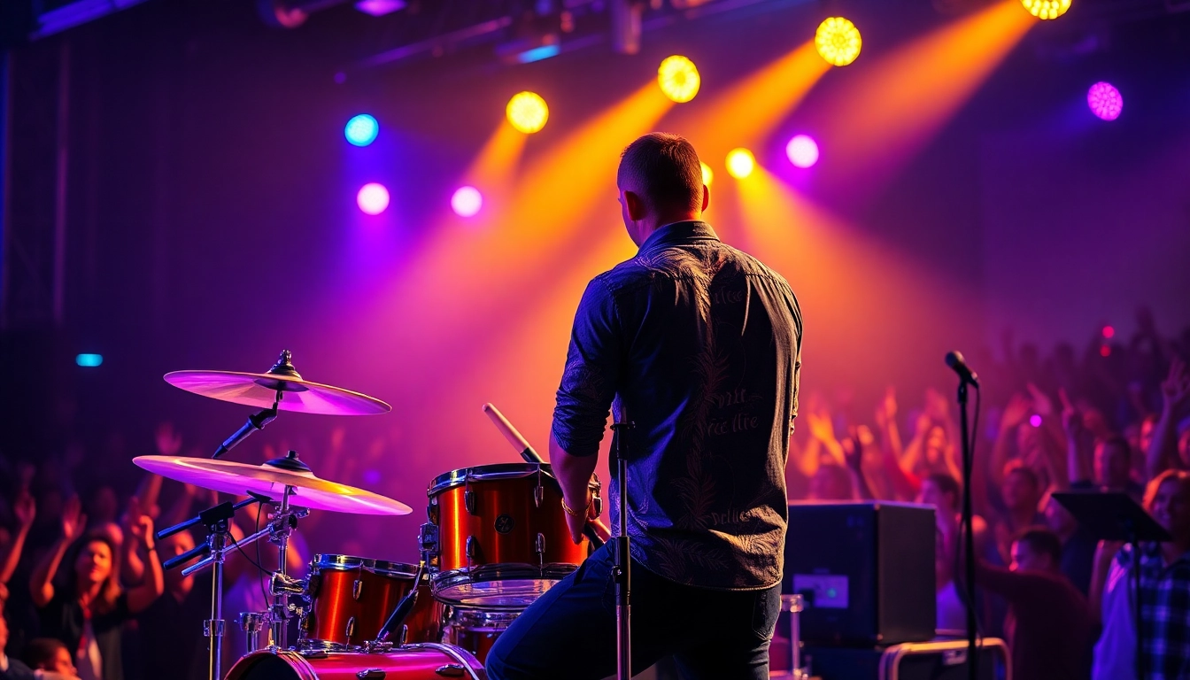 Showcase various stylish drummer shirts worn by a drummer during a live performance, highlighting energy and creativity.