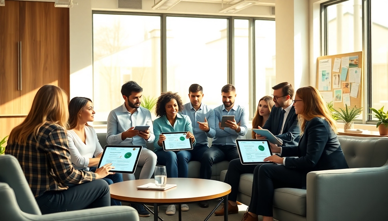 Funnel Builders collaborating in a modern office setting, showcasing digital strategies.