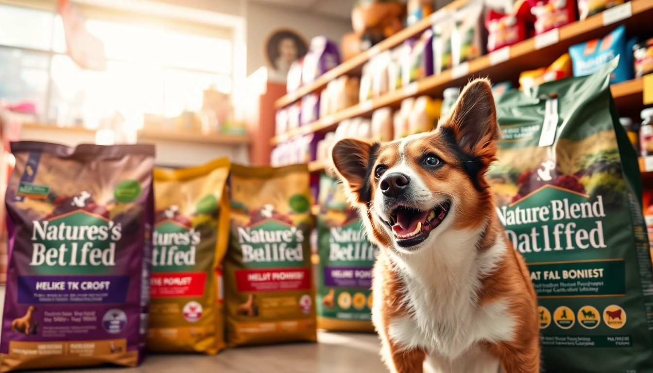 Engaging display of nature's blend dog food canada showcasing vibrant packaging in a pet store setting.