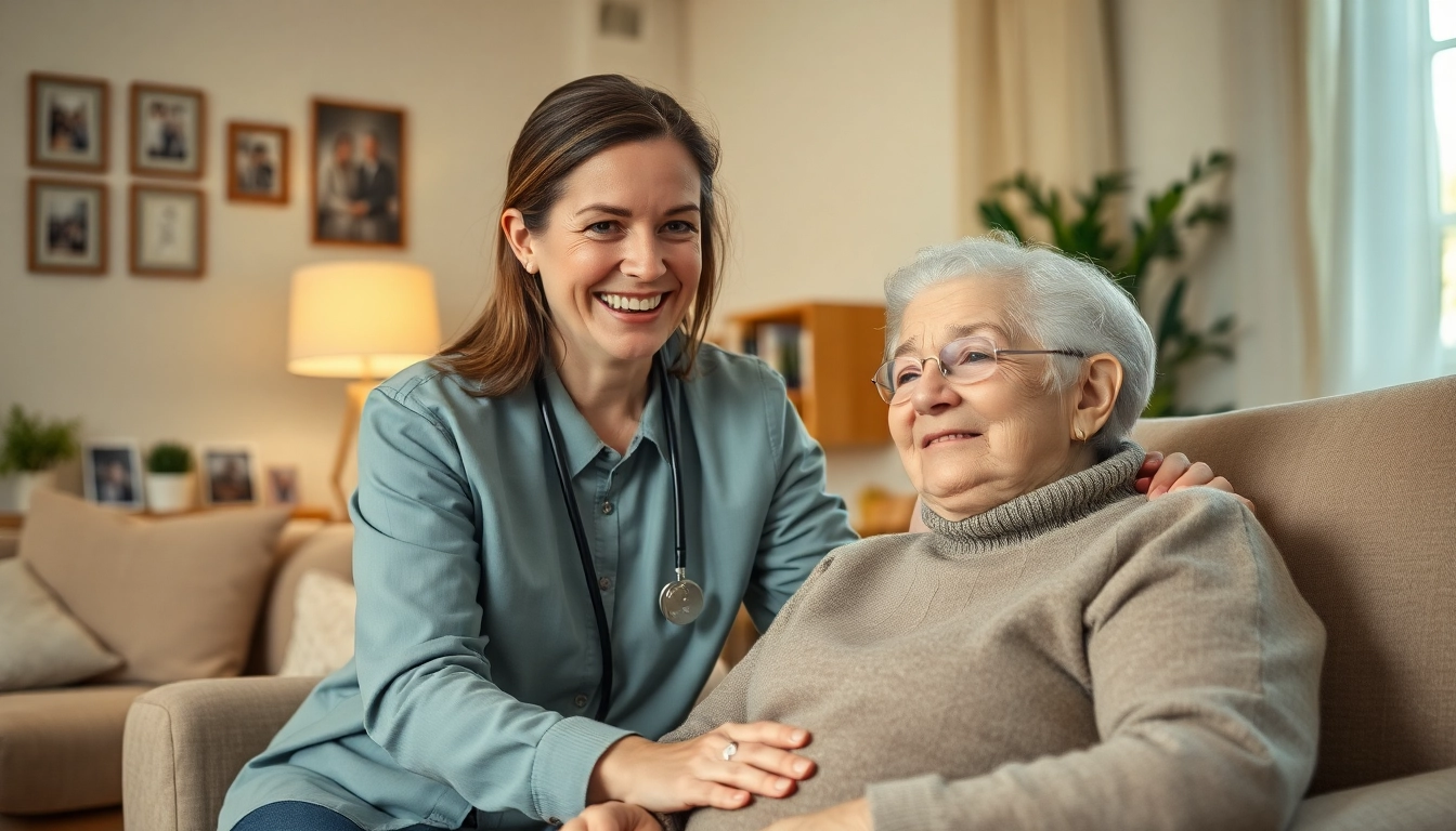 Engaging in austin senior home care, a caregiver warmly supporting an elderly client in a comfortable home environment.