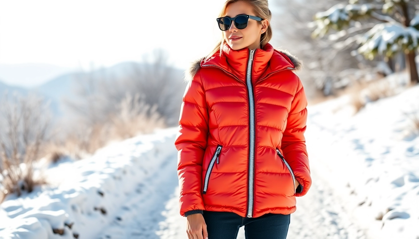 Model wearing a stylish puffer jacket for women against a snowy background.