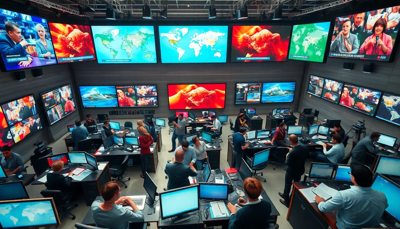 Engaged journalists covering world news in a dynamic newsroom environment.