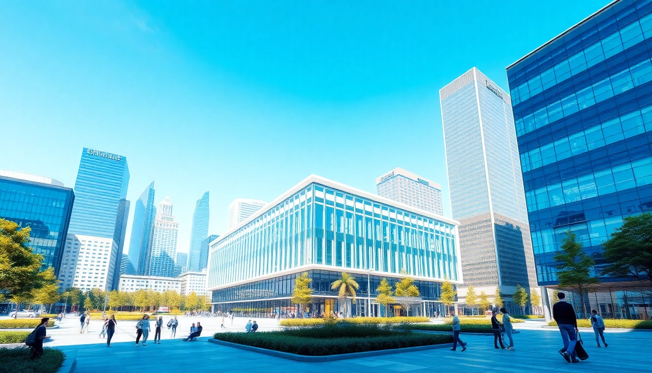3D Visualisierung eines modernen Gebäudes in einer urbanen Umgebung mit lebendiger Atmosphäre.