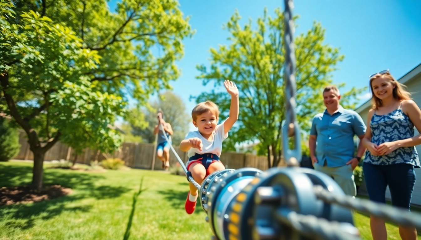Kids riding ZIP WIRE KITS in a vibrant backyard, enjoying family fun and adventure.