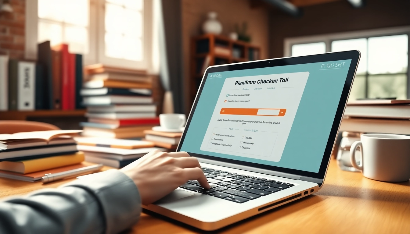 Utilize a plagiarism checker tool in a professional academic workspace, showing focus and productivity.
