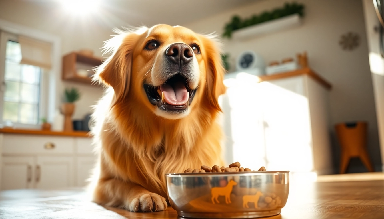 Dog joyfully eating badlands ranch dog food in a bright kitchen.