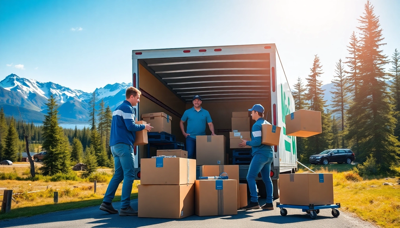 Movers from Alaska to Hawaii efficiently packing items in a scenic Alaskan landscape.
