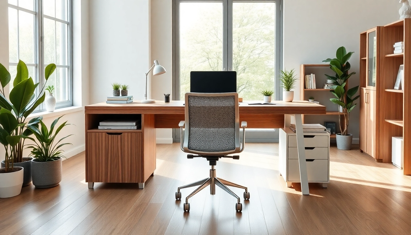 Erkunden Sie den stilvollen schreibtisch schrank im modernen Büro, das Ordnung und Eleganz vereint.