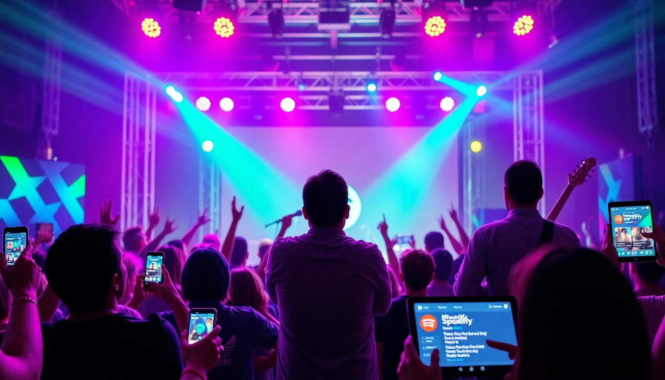 Engage in Spotify promotion strategies with vibrant visuals and a lively concert atmosphere.
