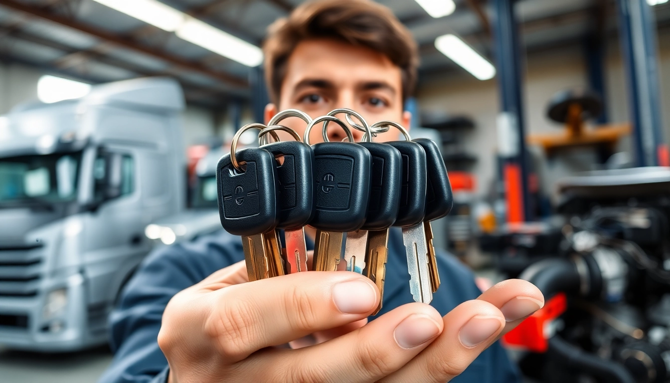 Technician showcasing different Truck Keys in a bright garage, highlighting security elements.
