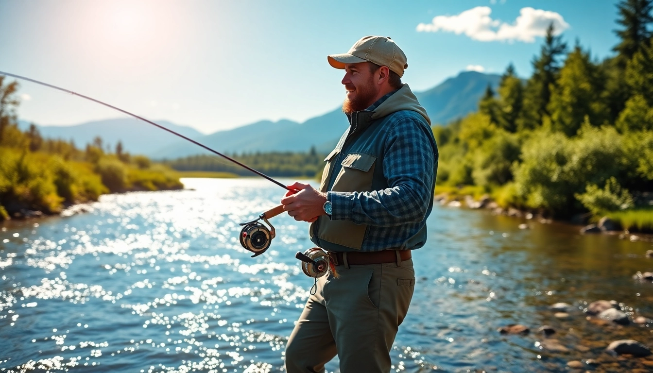Engaging person casting with fly fishing accessories by a tranquil riverside.