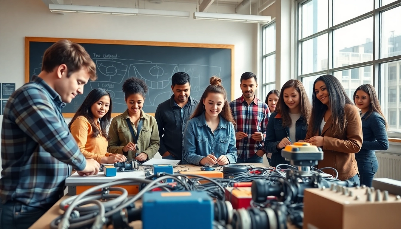 Engaged students learning electrical skills at an abc trade school in a modern classroom.