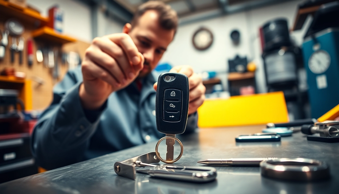 Creating Replacement Car Keys with an expert locksmith in a garage setting.