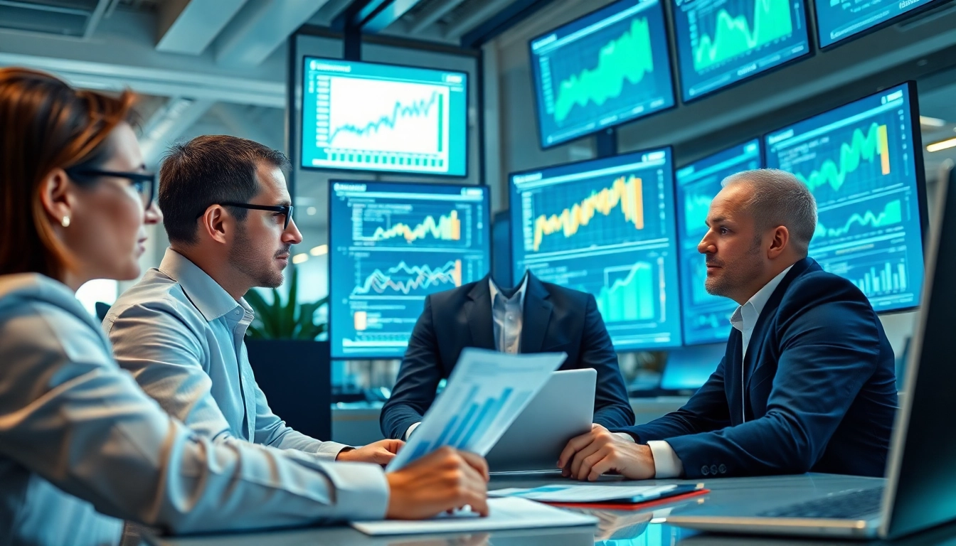 Analyze Competitive intelligence data with a professional team in a modern office setting.