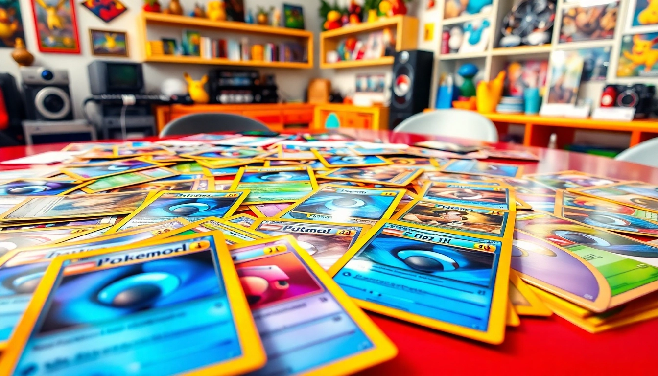 Showcase of Pokemon cards in India with vivid colors and collectible items on display.