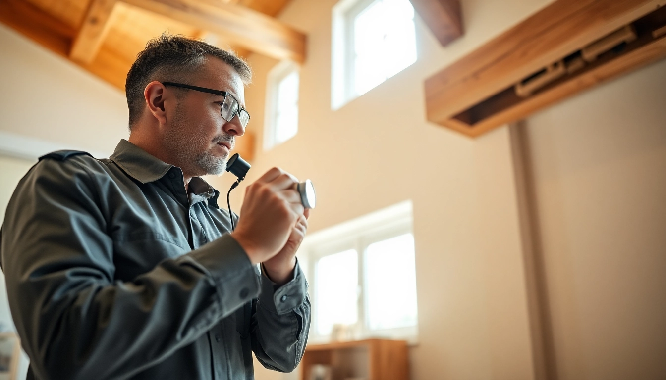 Inspecting for termite infestations during a professional termite inspection in a home.
