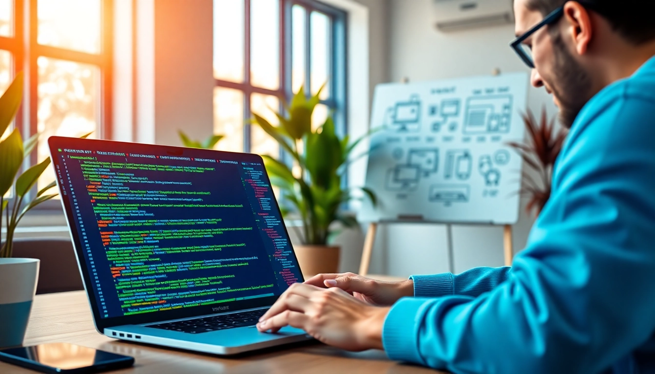 Engaging web development activity with a developer coding on a laptop amidst modern designs.