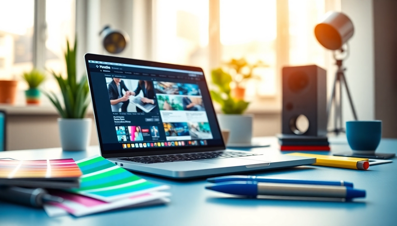 Showcasing a bright workspace for website design with design tools and a laptop.