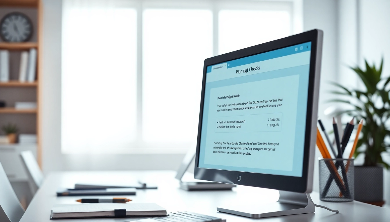 Engaging plagiarism checker interface on a computer screen demonstrating originality metrics.