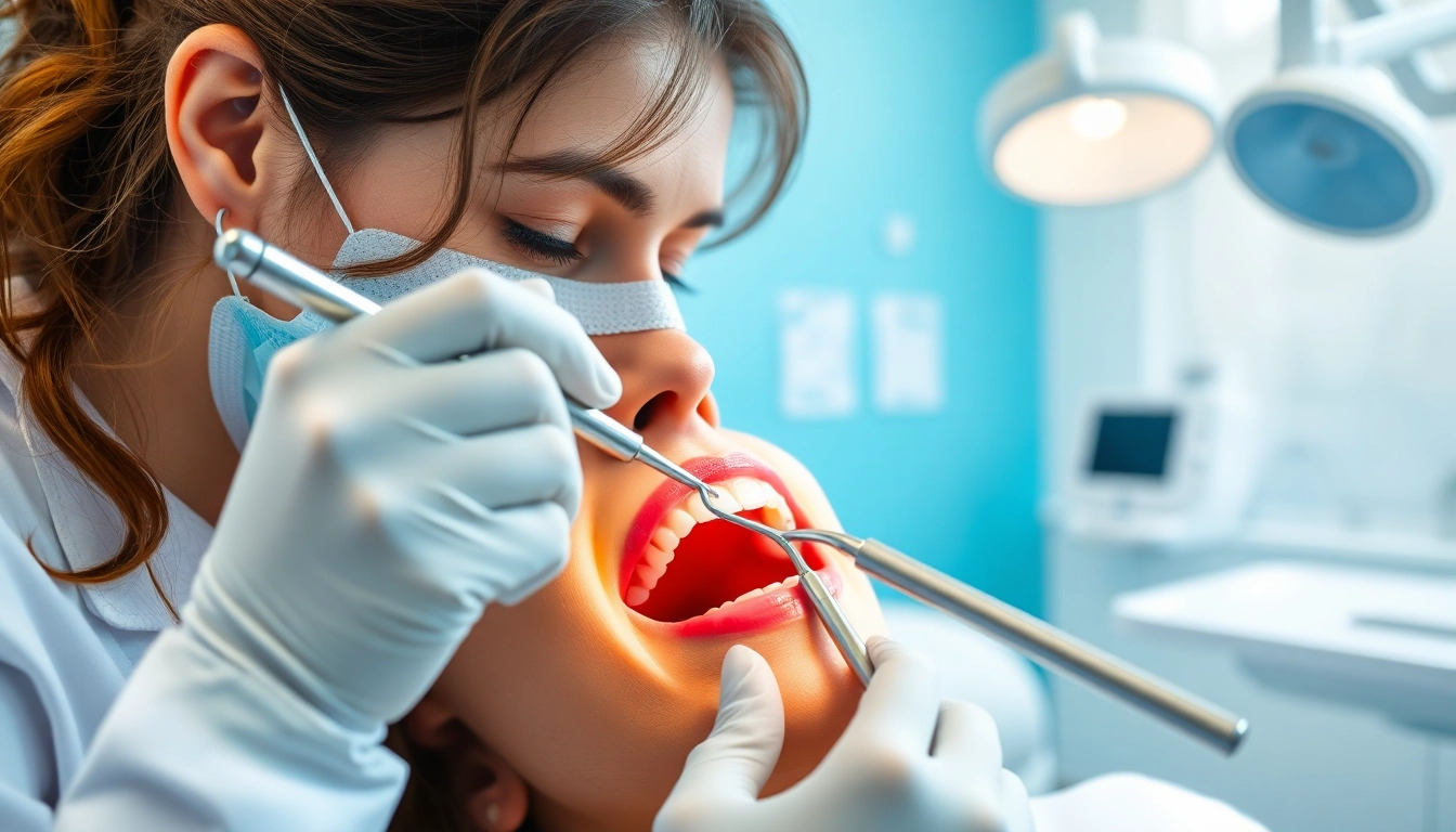 Patient receiving dental cleanings by a professional hygienist in a modern clinic.