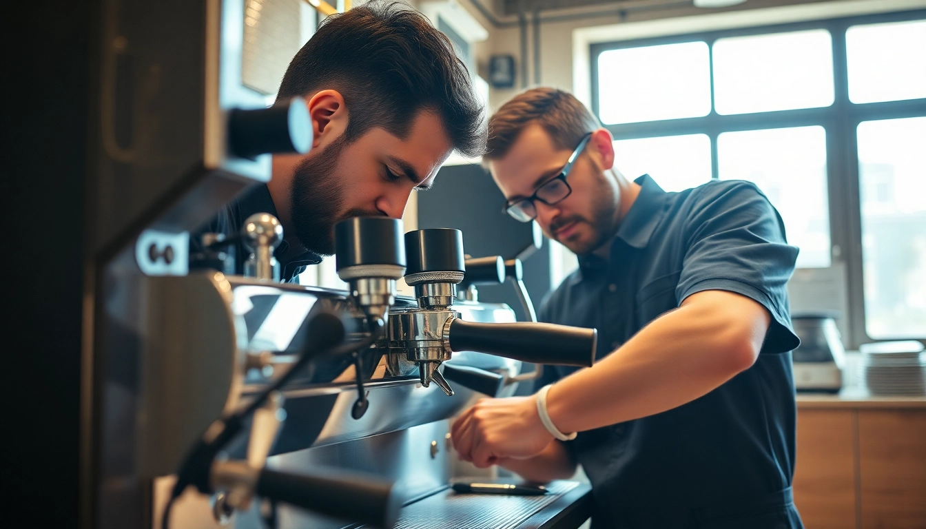 Cimbali servisi: Expert technicians conducting maintenance on a high-quality espresso machine.