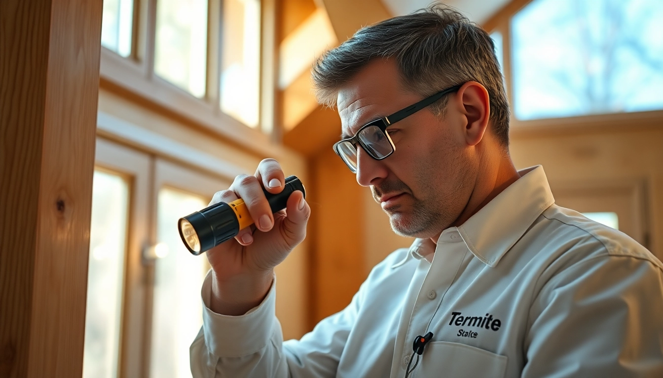 Professional inspecting for termite inspections in a well-lit residential space.