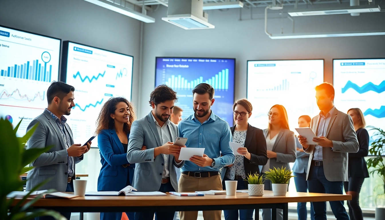 Dynamic team of social media marketing companies Edmonton collaborating over analytics and strategies.