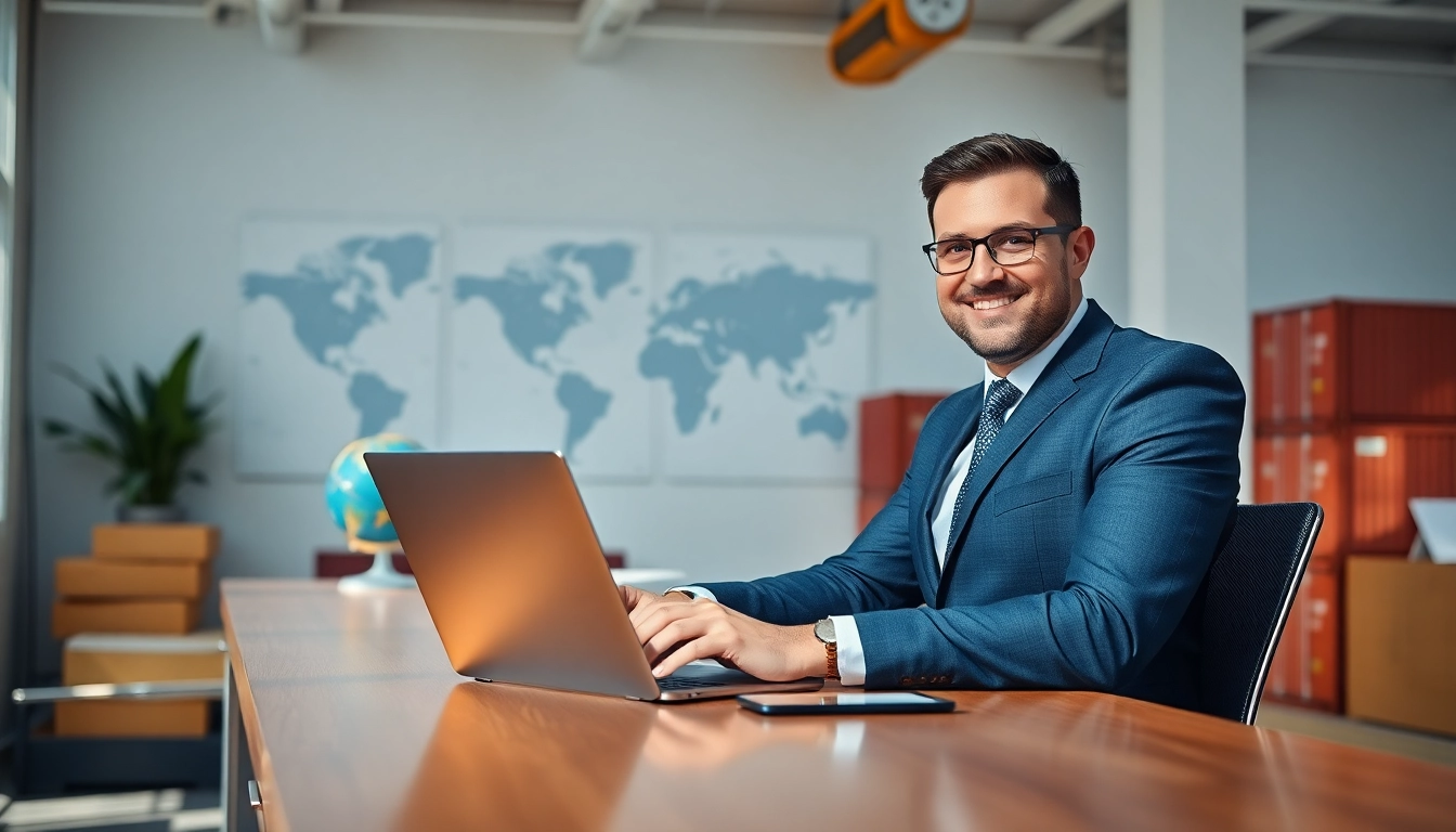 Import agents facilitating international trade processes in a modern office setting.
