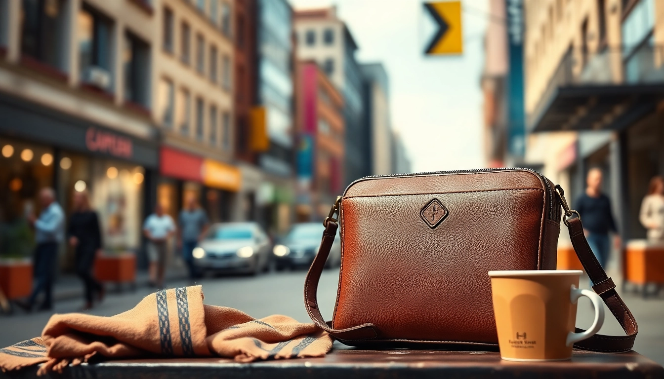 Showcasing a stylish crossbody bag made from coffee leather in a vibrant urban scene.