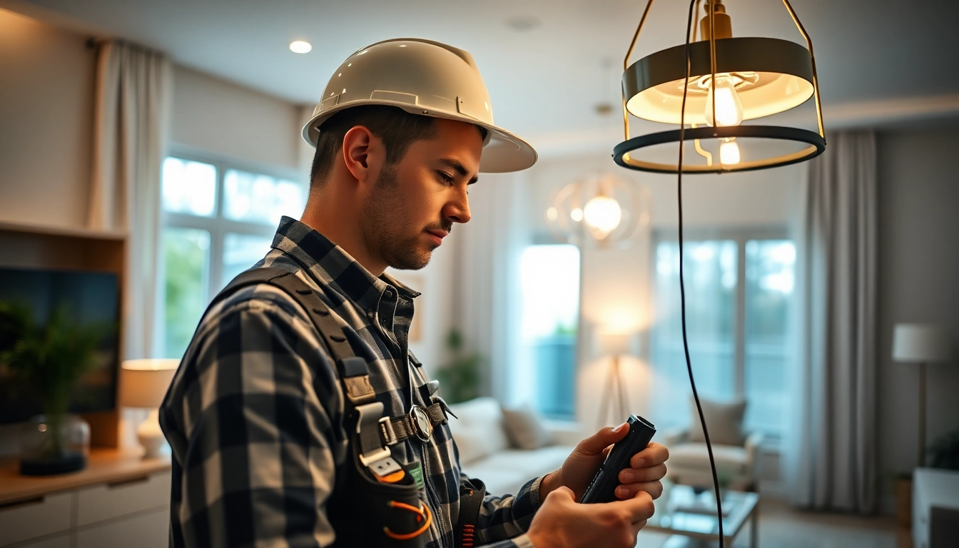 Electrical Contractor installing lighting fixtures with precision in a warm residential setting.