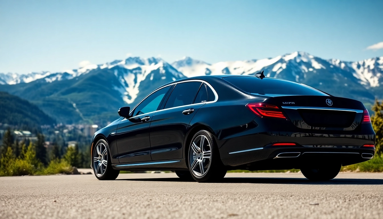 Experience luxurious Whistler car service with a black sedan in a scenic mountain backdrop.