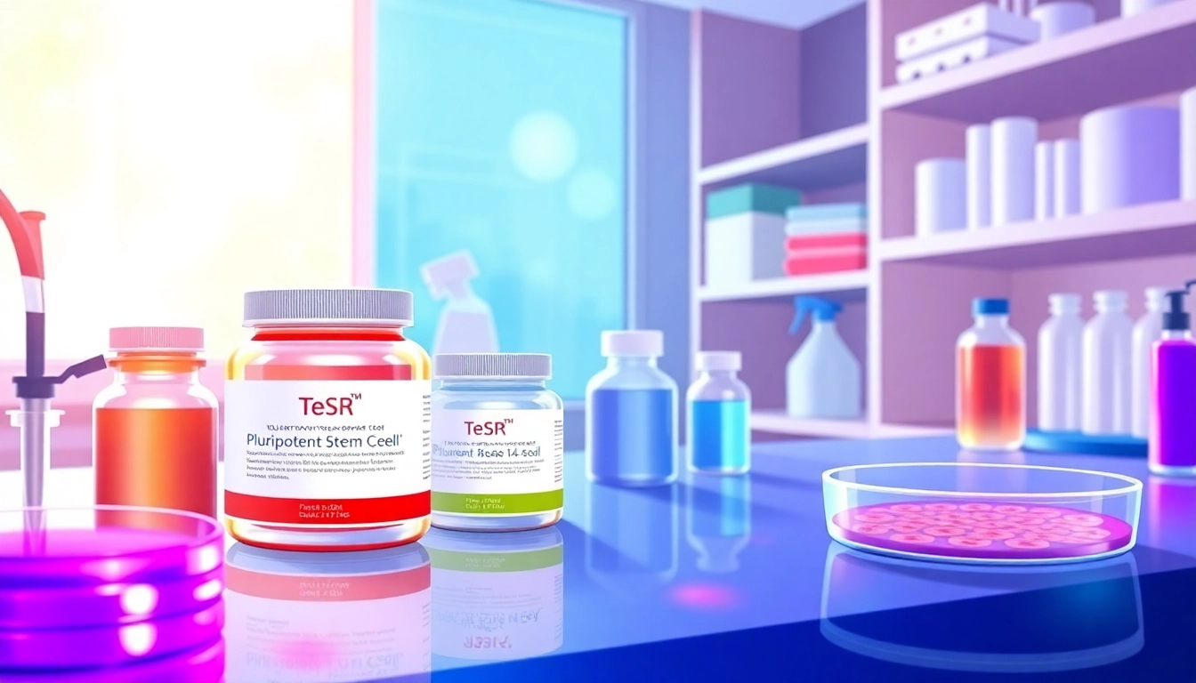 Showcase all check in a lab setting with various TeSR™ Pluripotent Stem Cell media displayed prominently amid scientific instruments.