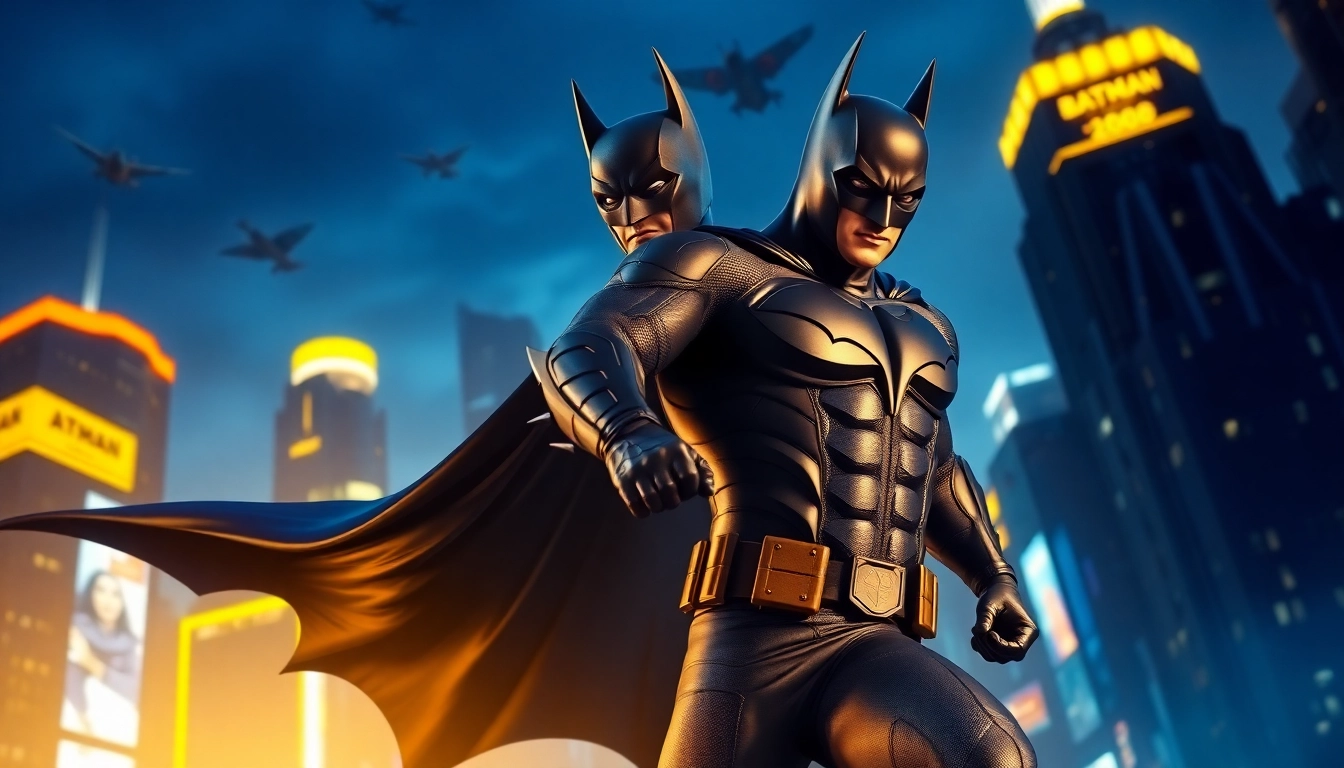 Permainan game batman138 menunjukkan Batman beraksi di kota futuristik yang penuh warna dan drama.