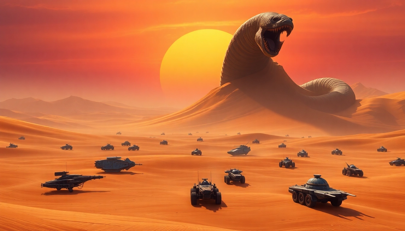 Dune 2 game landscape with epic sandworm, showcasing strategic battle units.