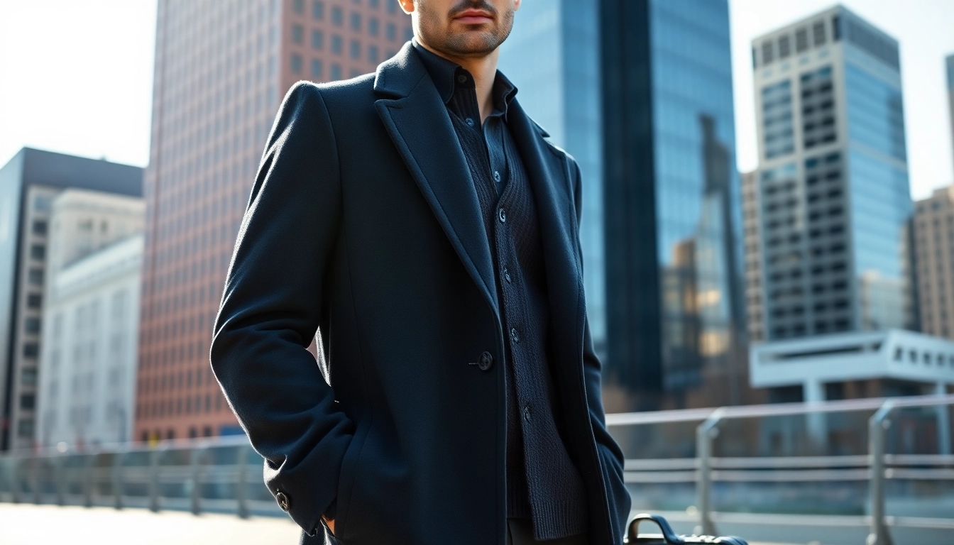 Stylish mens coats showcased by a model against a vibrant urban backdrop.