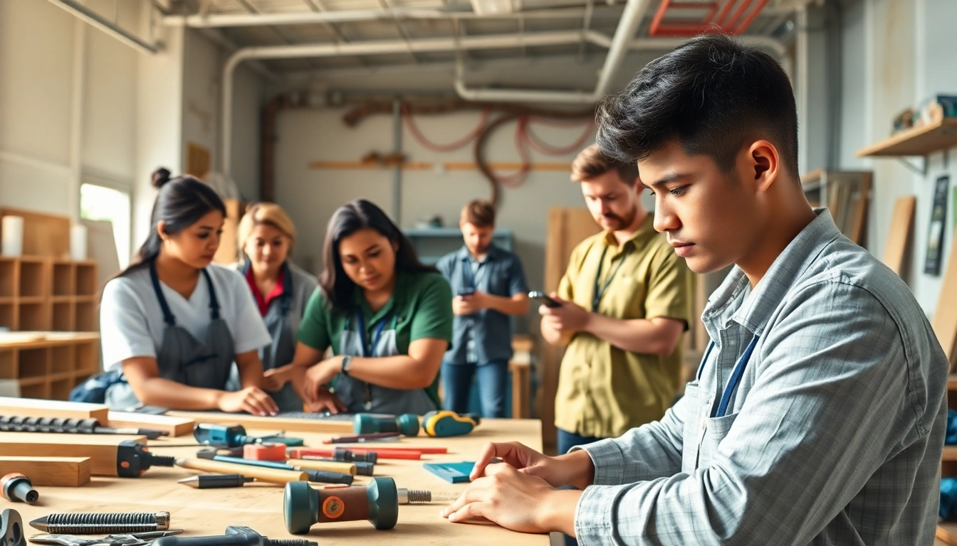 Hands-on training at trade schools Oahu with students learning carpentry and electrical skills.
