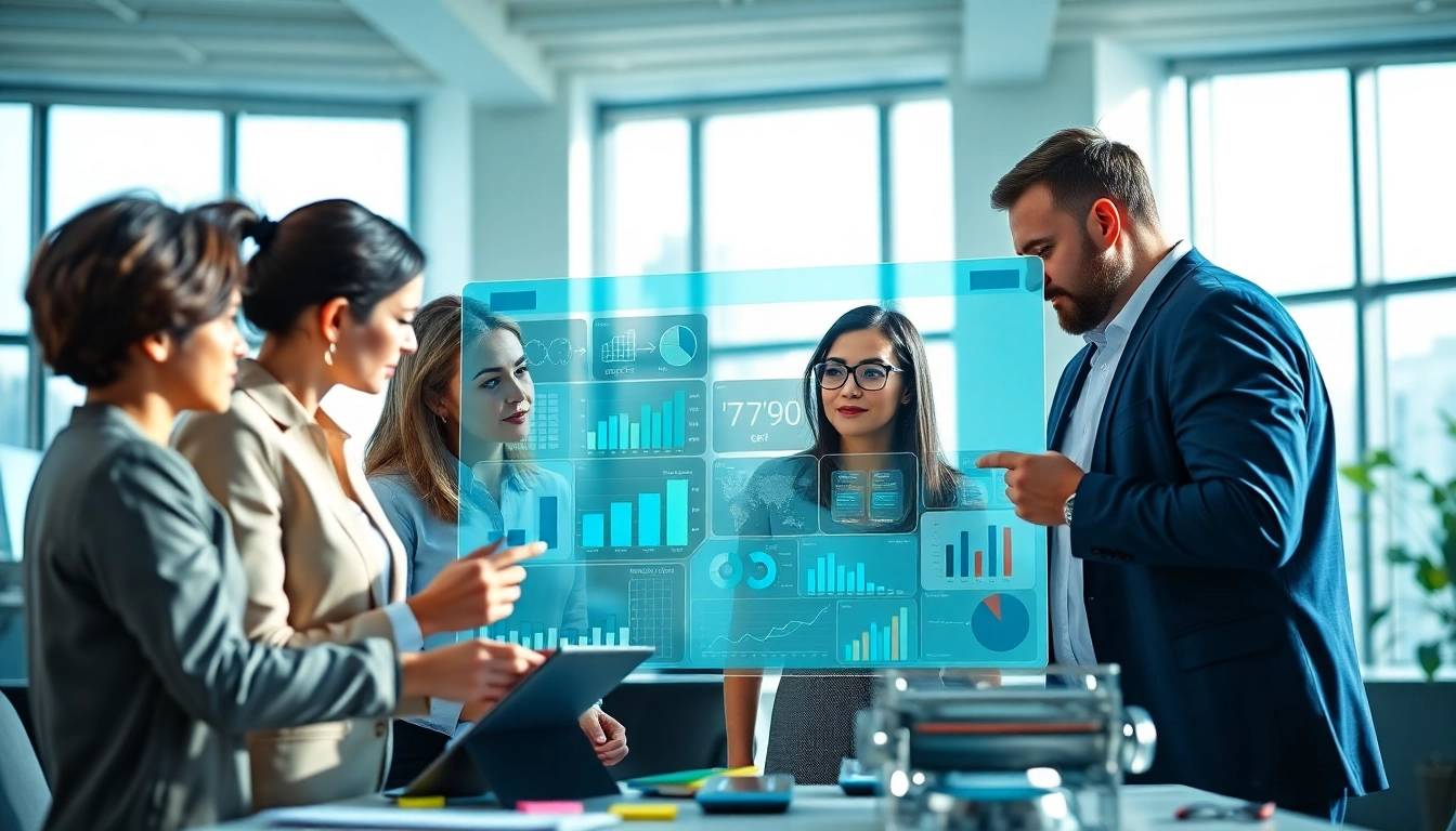 Engaged professionals utilizing ai for competitor analysis during a business meeting.