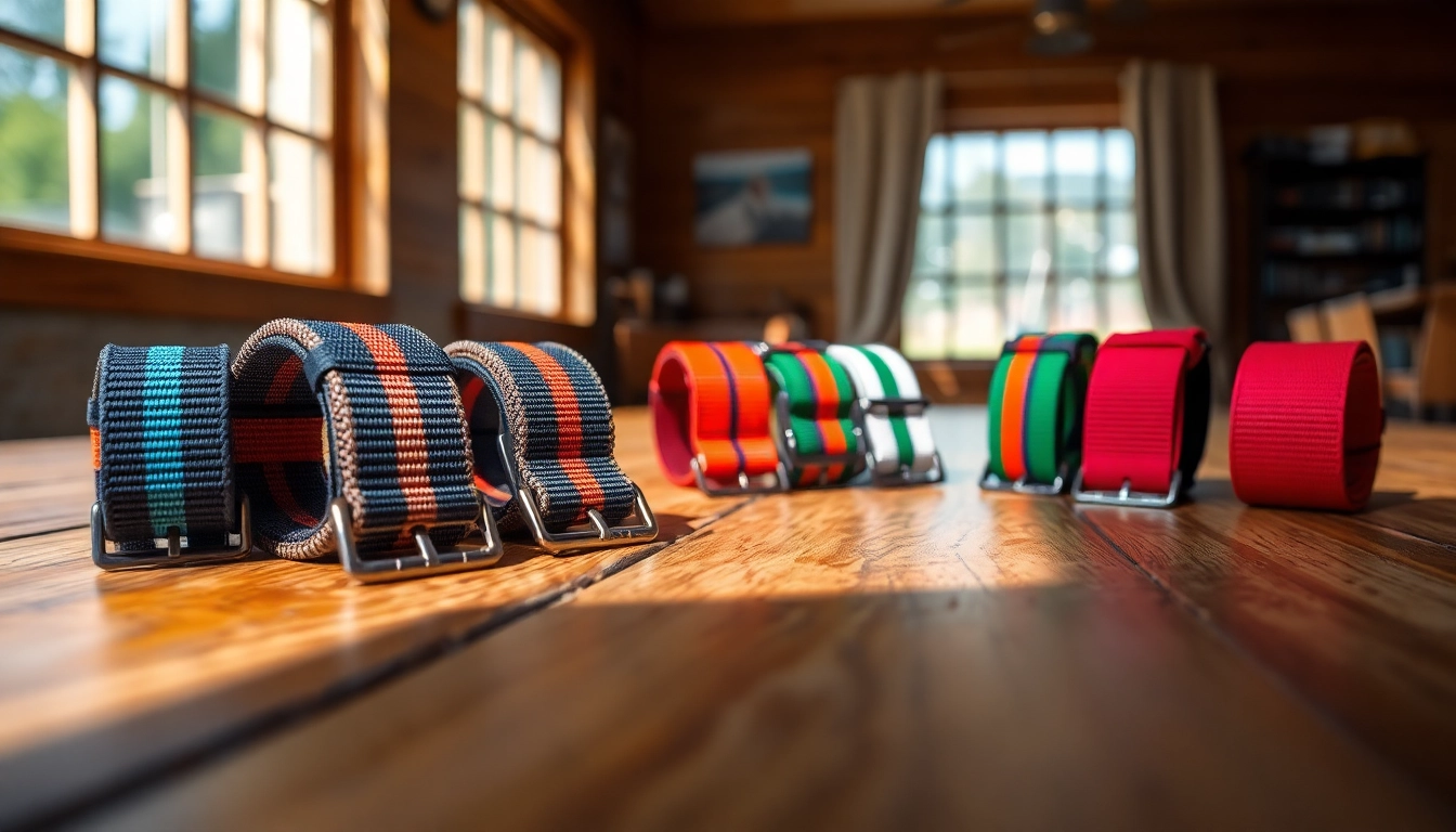 NATO straps UK in vibrant colors displayed on a wooden table, highlighting quality craftsmanship.