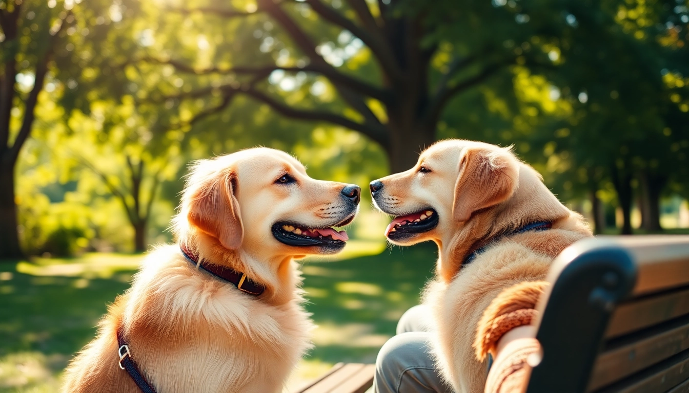Psych service dogs supporting their handlers in a peaceful park environment, highlighting companionship and care.