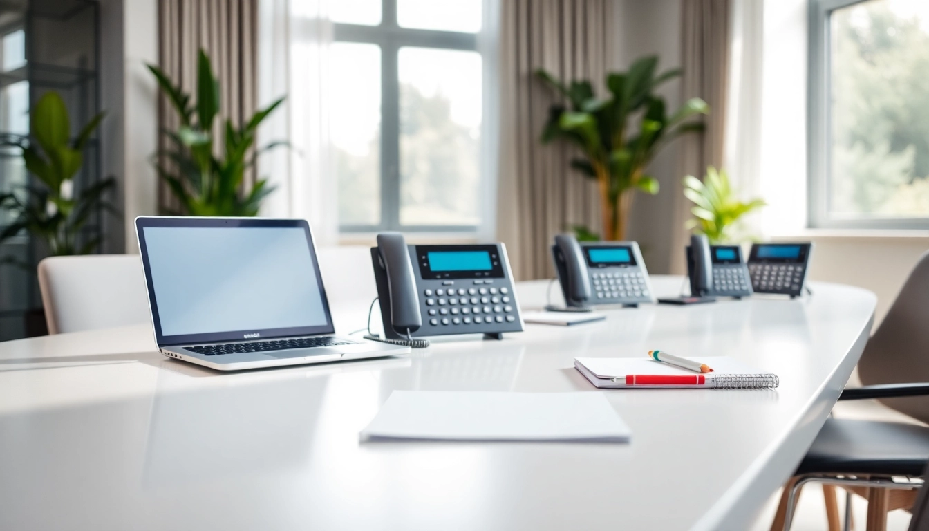 Verbeter uw communicatie met VoIP telefonie, geïllustreerd in een moderne kantooromgeving.