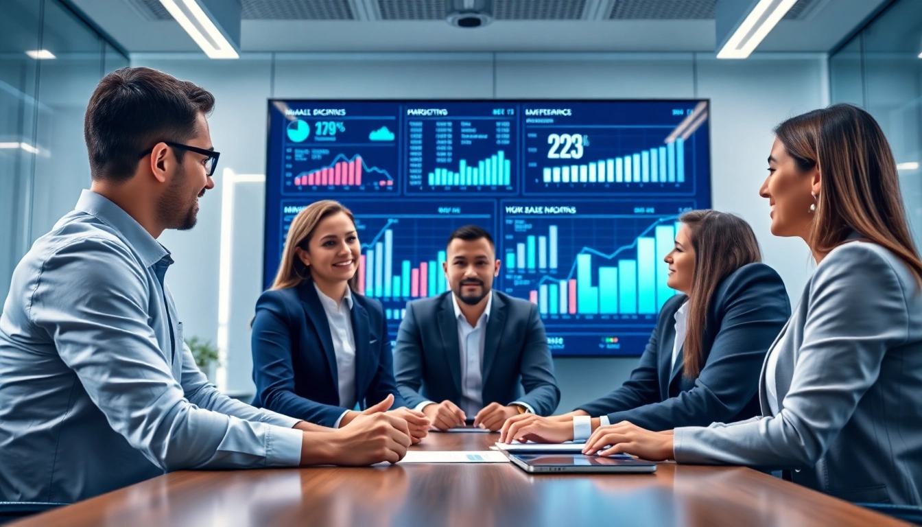 Engaging B2B buyers strategizing in a modern conference room, surrounded by market analytics.