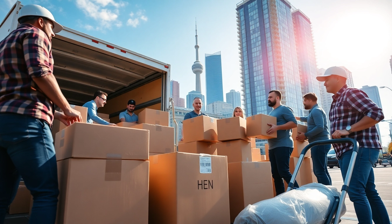 Movers actively transporting items in Toronto moving scene against a vibrant city backdrop.