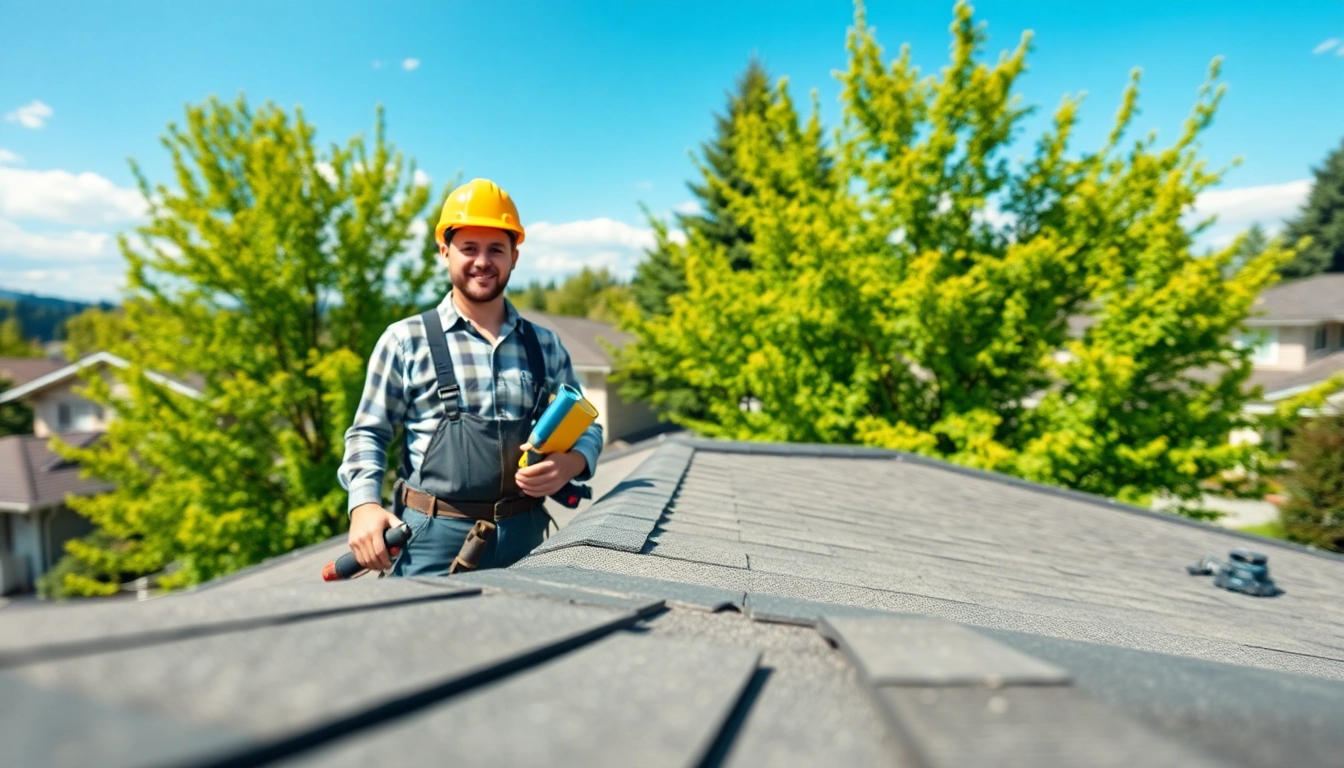 Inspecting roofing in Vancouver Wa with a contractor showing quality materials and vibrant neighborhood.