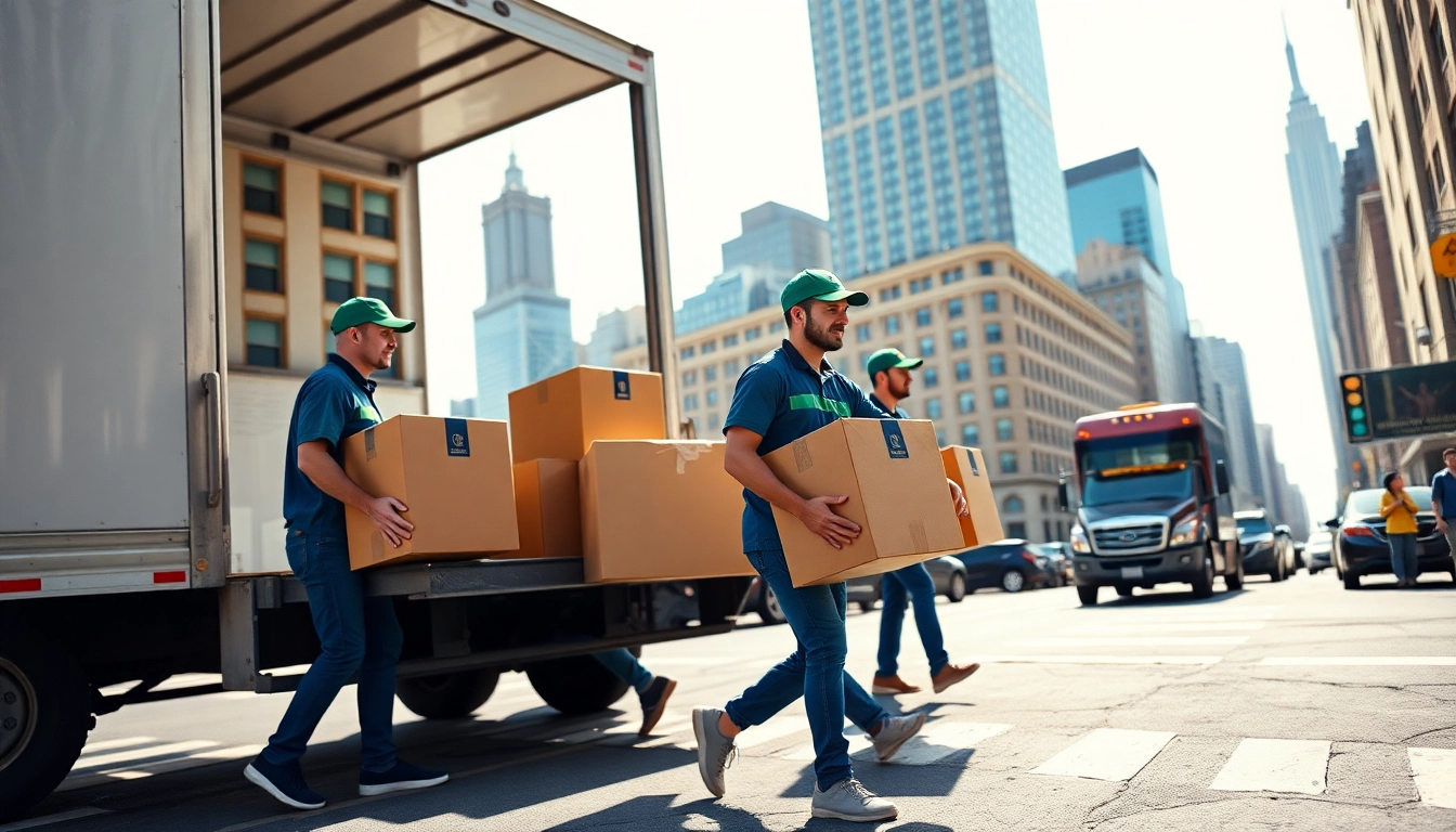 Movers from a Manhattan moving company efficiently unloading boxes in New York City.